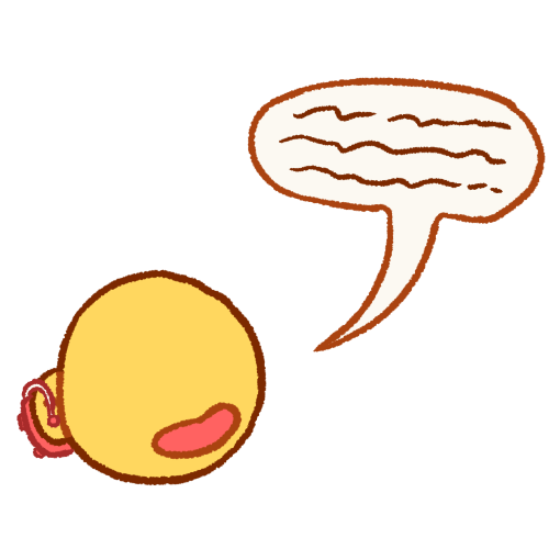 an emoji yellow head with an open mouth next to a speech bubble containing scribbles. the person is wearing a behind-the-ear hearing aid, which is pink.